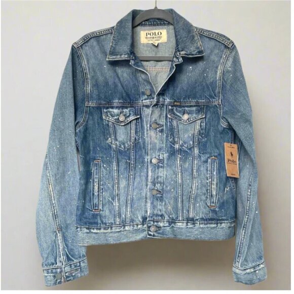 Polo Ralph Lauren Mens Trucker Jacket Small Paint Splatter Denim Blue Classic